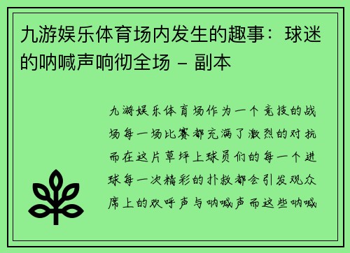 九游娱乐体育场内发生的趣事：球迷的呐喊声响彻全场 - 副本